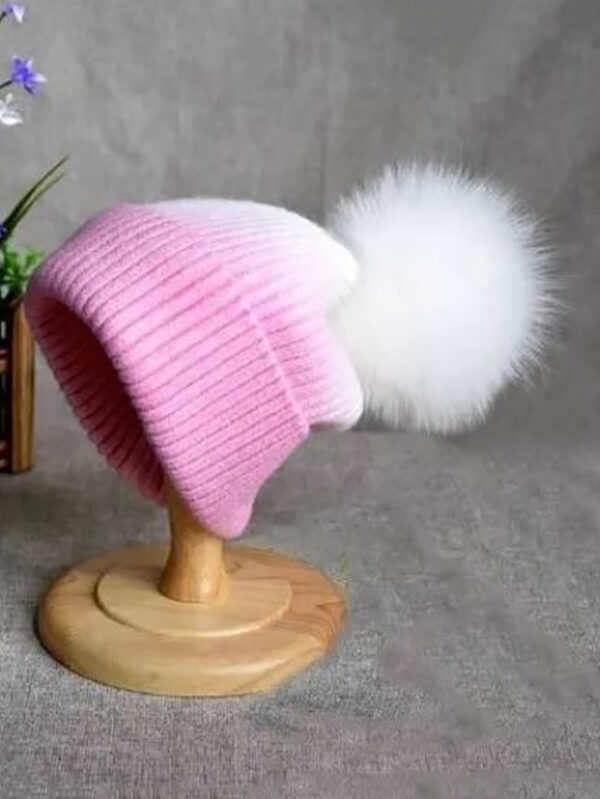 Women's Knit Cashmere Wool Hat with White Fox Fur Pom Pom Pink