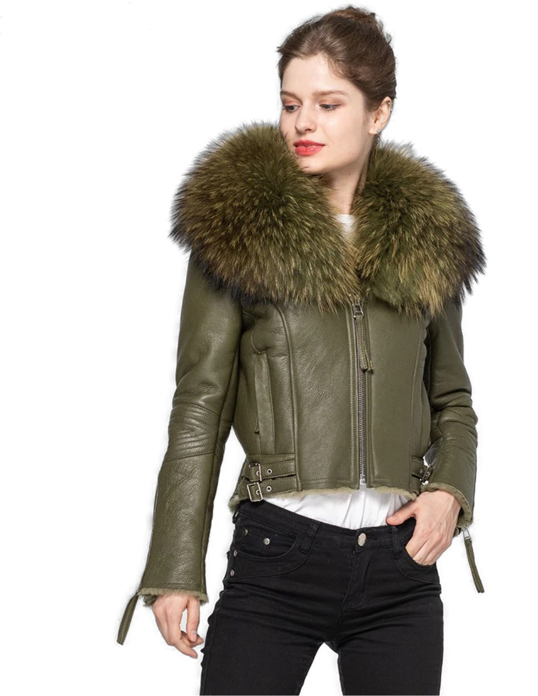 Women's New Green Shearling Sheepskin Fox Fur Jacket - Image 3