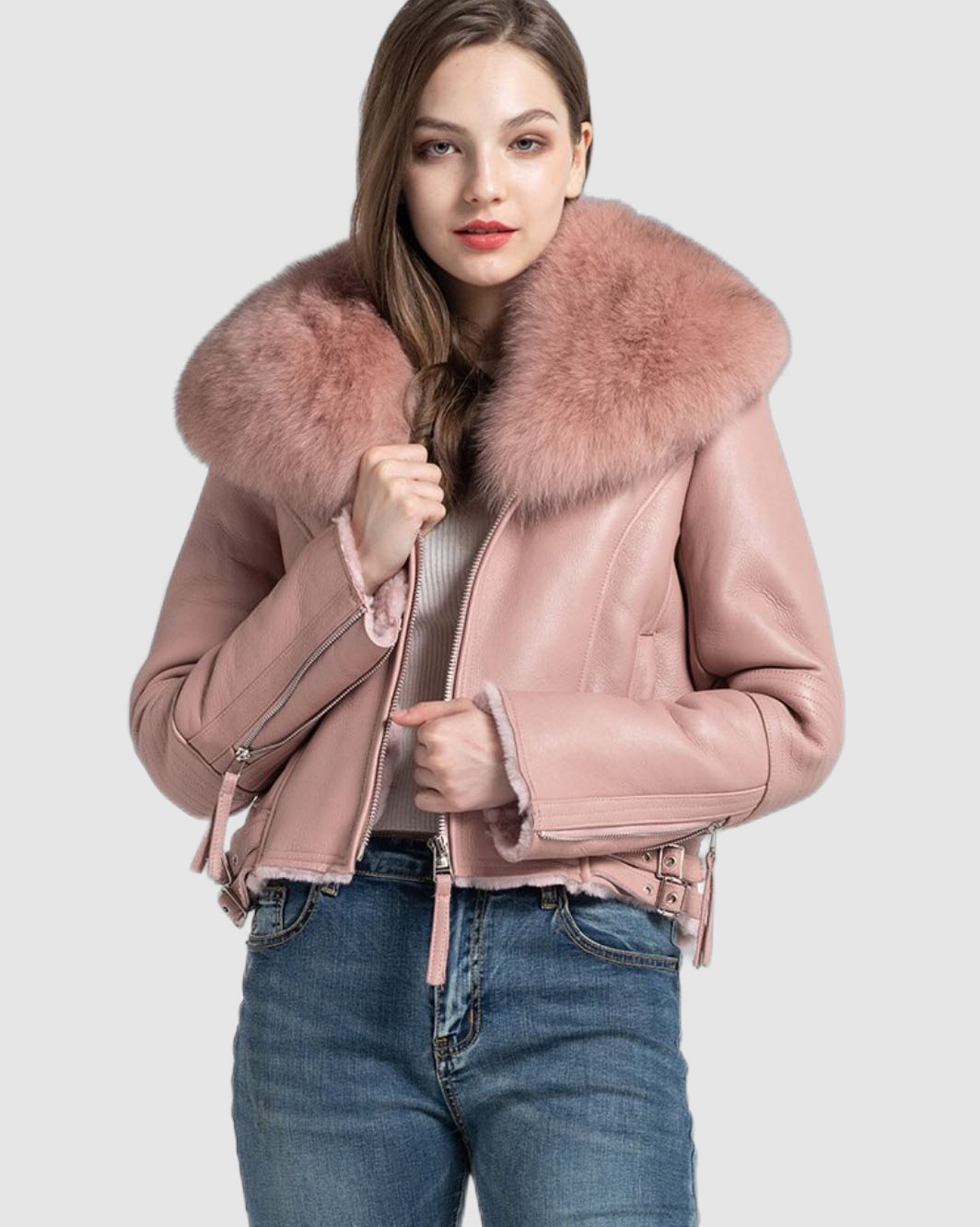 Women's New Green Shearling Sheepskin Fox Fur Jacket - Image 5