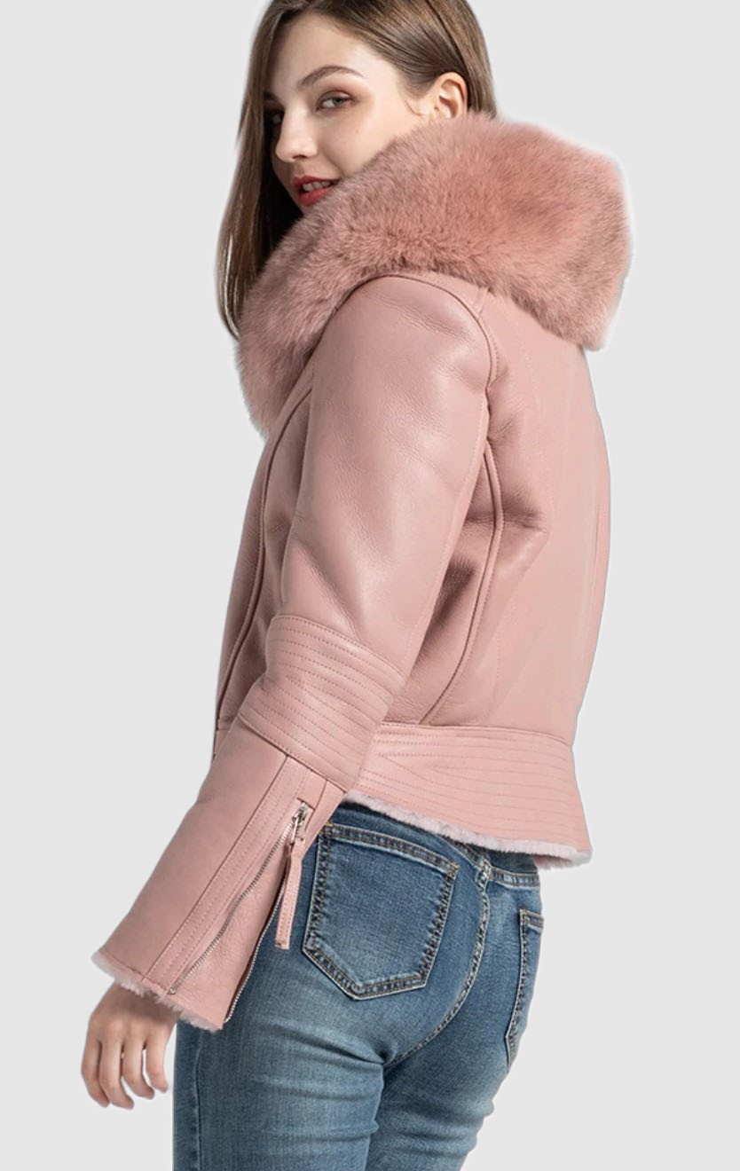 Women's New Green Shearling Sheepskin Fox Fur Jacket - Image 6