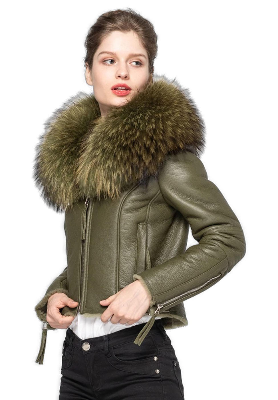 Women's New Green Shearling Sheepskin Fox Fur Jacket - Image 2