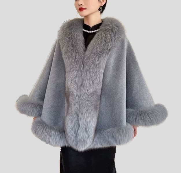 Women's Cashmere Wool Wrap Cape with Fox Fur Grey - Image 6