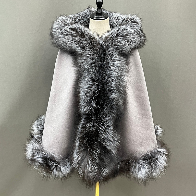 Women's Grey Cashmere Wool Wrap Cape Hood Silver Fox Fur T - Image 2