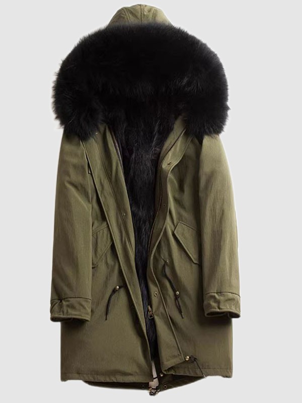 Men's Green Jacket Parka Coat Raccoon Fur Lining HOOD