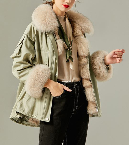 Women's Sage Green Parka Jacket Coat Fox Fur - Image 5