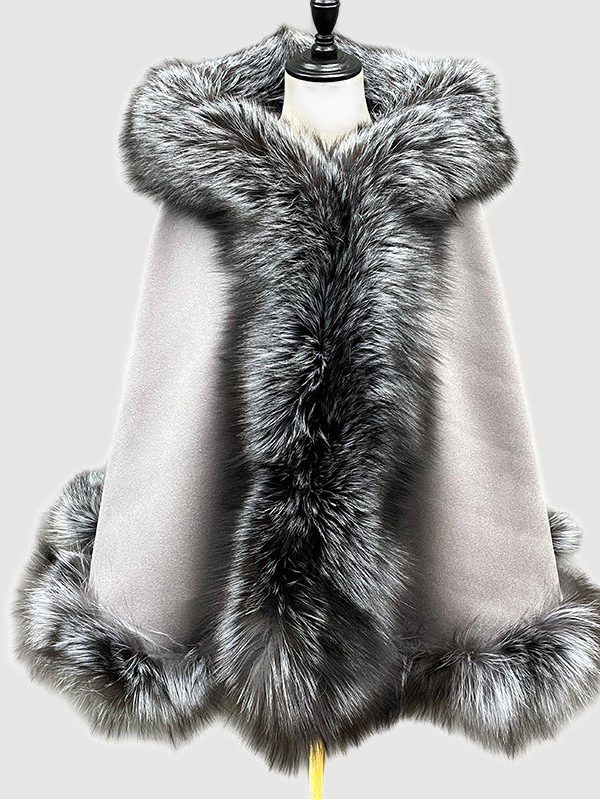 Women's Grey Cashmere Wool Wrap Cape with Hood and Silver Fox Fur Trims