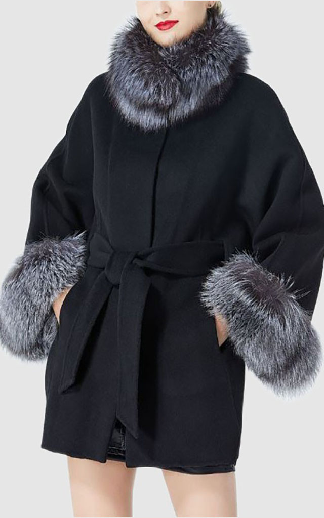 Women's Black Wool Blend Jacket Coat Silver Fox Fur