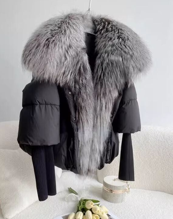 Women's Black Down Jacket Coat Silver Fox Fur New - Image 3