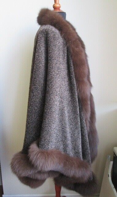 Women's Brown 100% Alpaca Fur Wrap Cape with Fox Fur Trims - Image 5