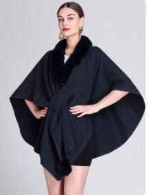 Women's Purple Wool Cape Shawl Wrap Rex Rabbit Fur - Image 4