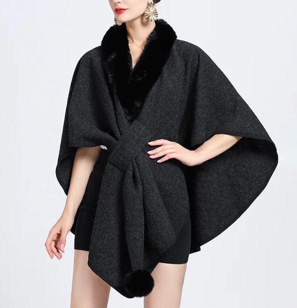 Women's Purple Wool Cape Shawl Wrap Rex Rabbit Fur - Image 7