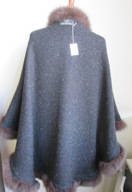 Women's Brown 100% Alpaca Fur Wrap Cape with Fox Fur Trims - Image 7