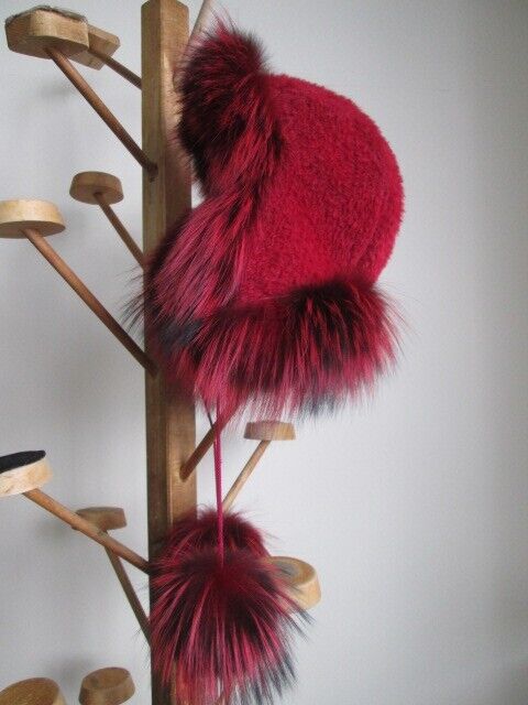 Women's Red Alpaca Aviator Hat with Silver Fox Fur - Image 8