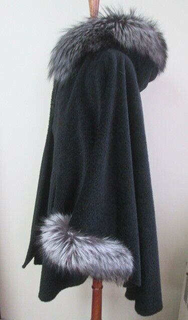 Women's New Black Alpaca Hooded Cape with Silver Fox Fur Trims - Image 5