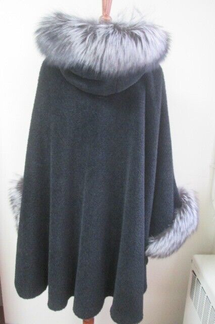 Women's New Black Alpaca Hooded Cape with Silver Fox Fur Trims - Image 6