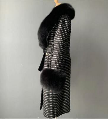 Women's Black Cashmere Wool Blend Coat Fox Fur - Image 3
