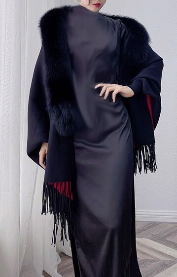 Women's Black Red Cashmere Wool Wrap Cape Detachable Fox Fur - Image 3