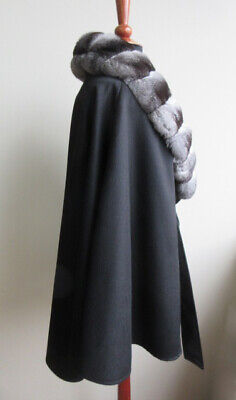 Women's 100% Cashmere Black Cape Wrap Chinchilla Fur - Image 3