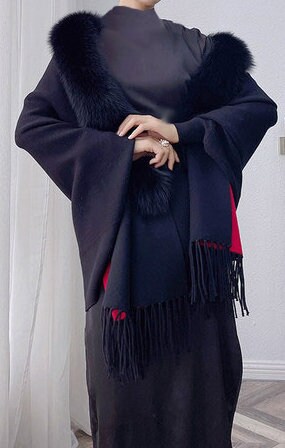 Women's Black Red Cashmere Wool Wrap Cape Detachable Fox Fur - Image 6