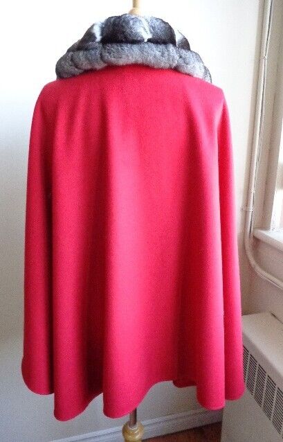 Women's 100% Cashmere Red Cape Wrap Chinchilla Fur - Image 5