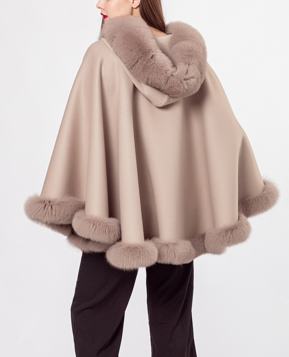 Women's Beige Tan Cashmere Wool Wrap Cape Fox Fur HOOD! Sale - Image 2