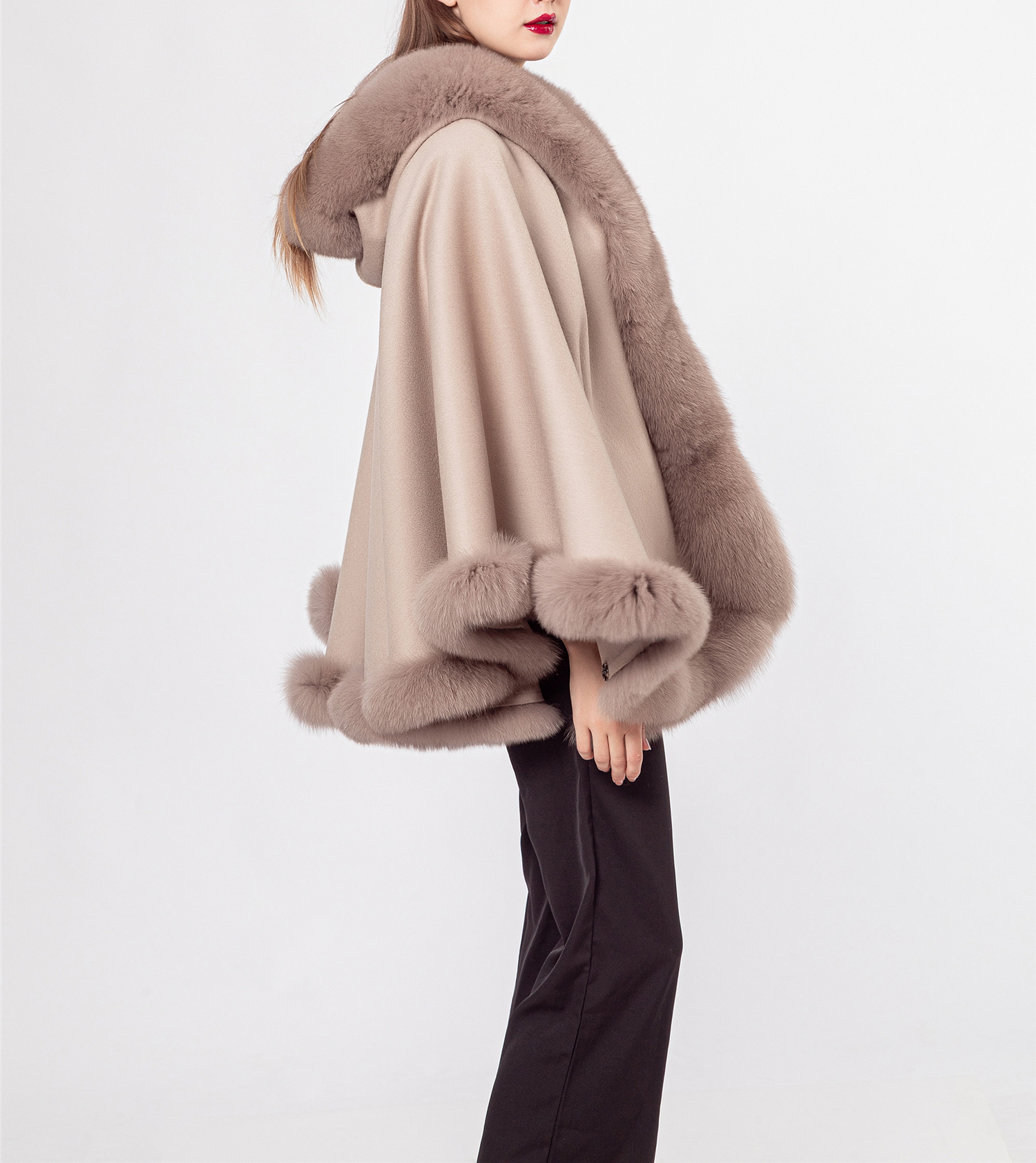 Women's Beige Tan Cashmere Wool Wrap Cape Fox Fur HOOD! Sale - Image 3