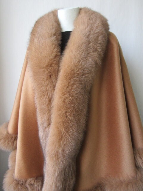Women's Caramel Camel Cashmere Wool Wrap Cape Fox Fur Trim - Image 3