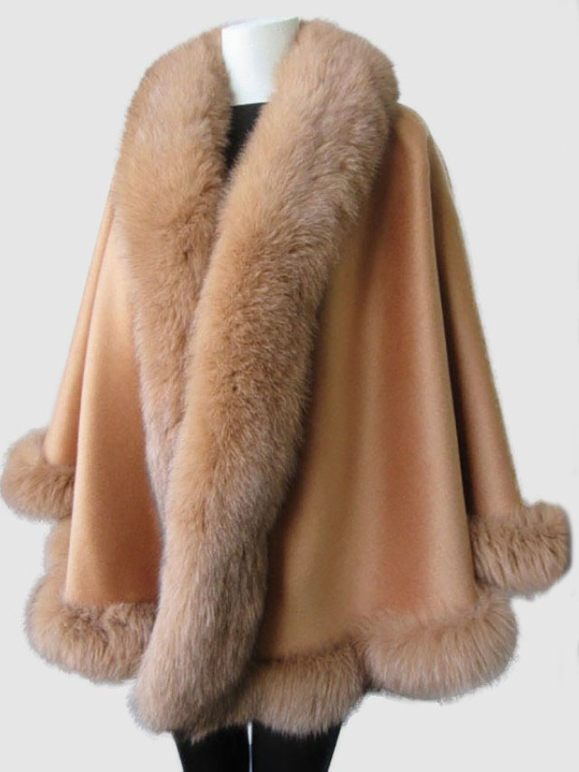 Women's Caramel Camel Cashmere Wool Wrap Cape Fox Fur Trim