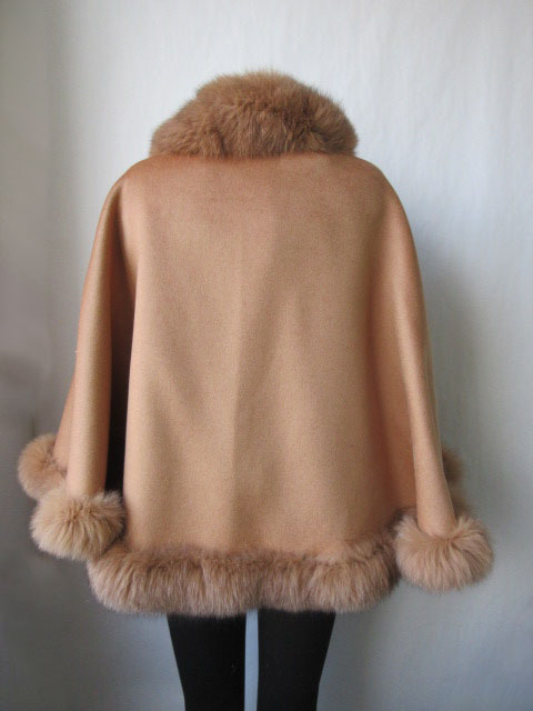 Women's Caramel Camel Cashmere Wool Wrap Cape Fox Fur Trim - Image 6