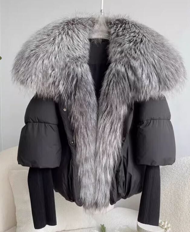 Women's Black Down Jacket Coat Silver Fox Fur New