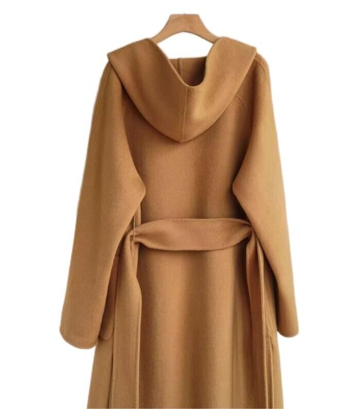 Women's Caramel Cashmere Wool Coat Hood Oversized - Image 2