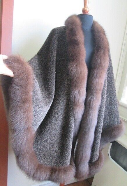 Women's Brown 100% Alpaca Fur Wrap Cape with Fox Fur Trims - Image 3