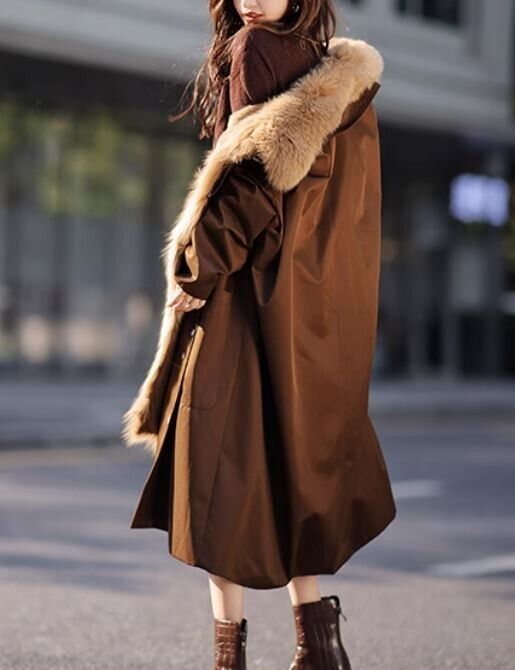 Women's Brown Coat Fox Fur Detachable Fur Lining - Image 3