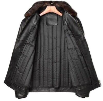 Men's Black Leather Jacket Coat With Mink Fur Collar - Image 4