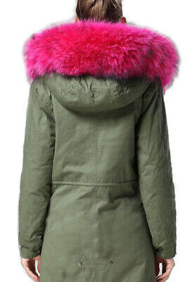 Women's Green Parka Coat Pink Raccoon Fur Hood - Image 5