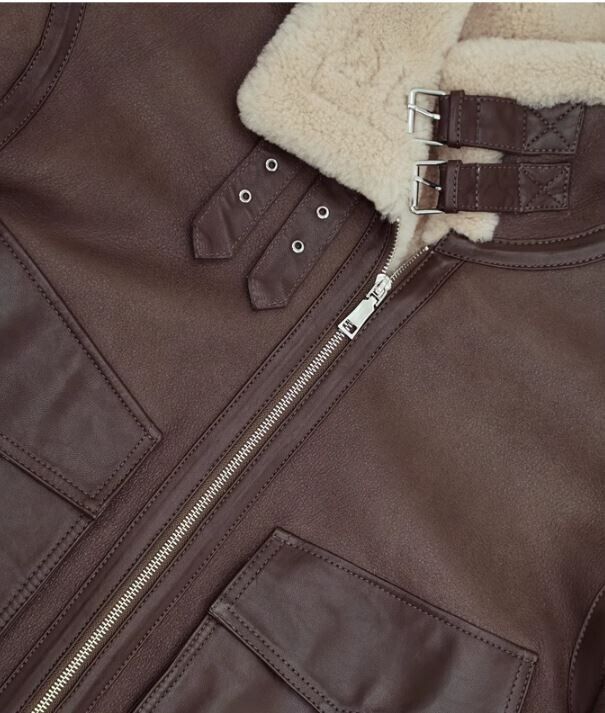 Men's Brown Leather Shearling Sheepskin Fur Jacket - Image 4