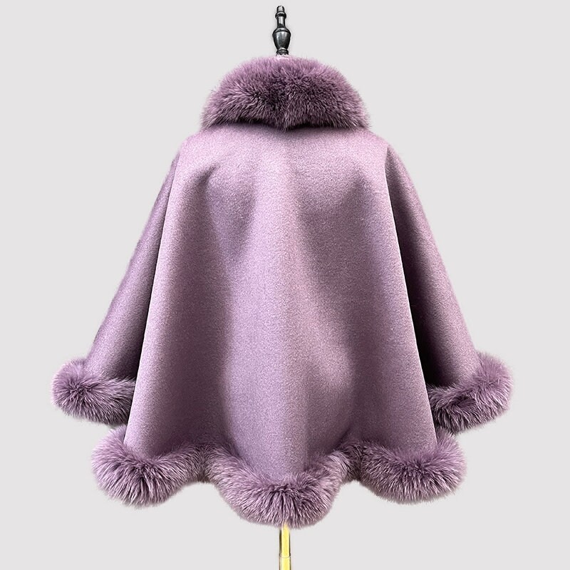 Women's Purple Mauve Violet Cashmere Wool Wrap Cape Fox Fur - Image 2