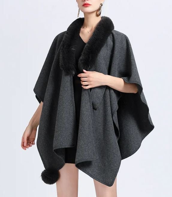 Women's Purple Wool Cape Shawl Wrap Rex Rabbit Fur - Image 6