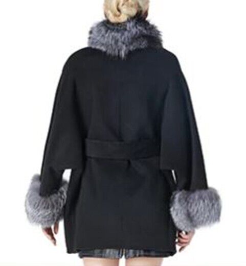 Women's Black Wool Blend Jacket Coat Silver Fox Fur - Image 3
