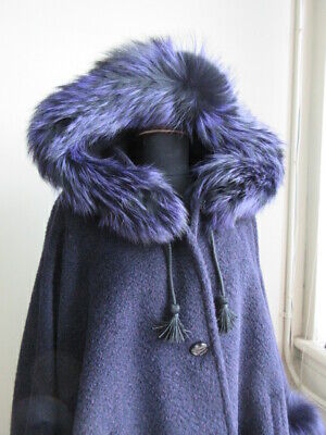 Women's Purple Alpaca Hooded Cape with Silver Fox Fur Trims - Image 4