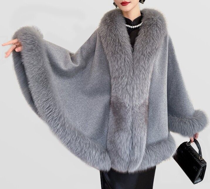 Women's Cashmere Wool Wrap Cape with Fox Fur Grey - Image 3