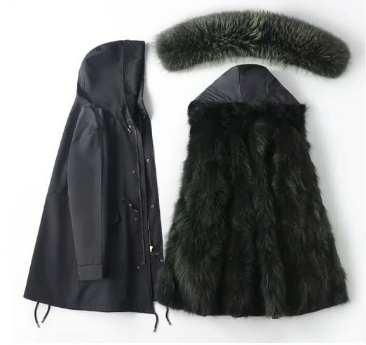 Women's Coat Green Fox Raccoon Fur Parka Hood New - Image 4