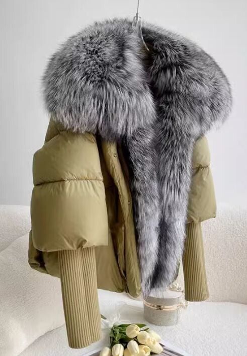 Women's Khaki Down Jacket Coat Silver Fox Fur NEW - Image 3