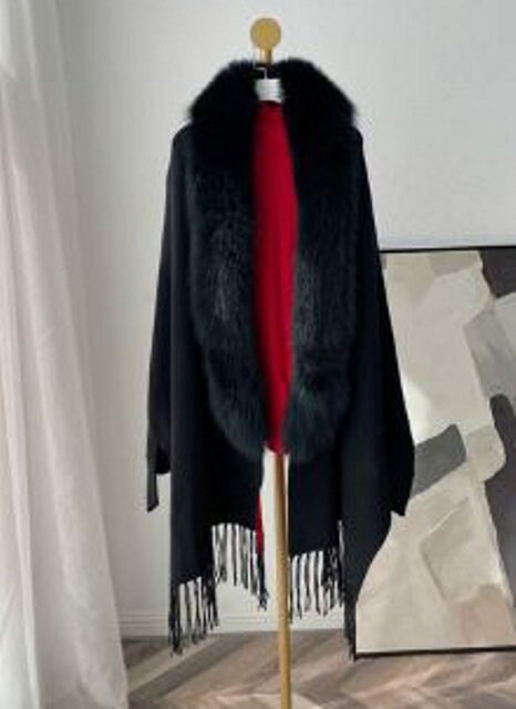 Women's Black Red Cashmere Wool Wrap Cape Detachable Fox Fur - Image 4