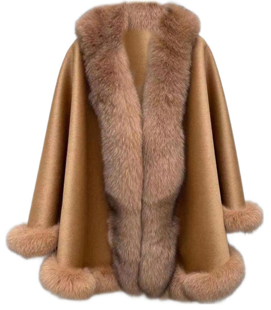 Women's Caramel Camel Cashmere Wool Wrap Cape Fox Fur Trim | MF2609_6