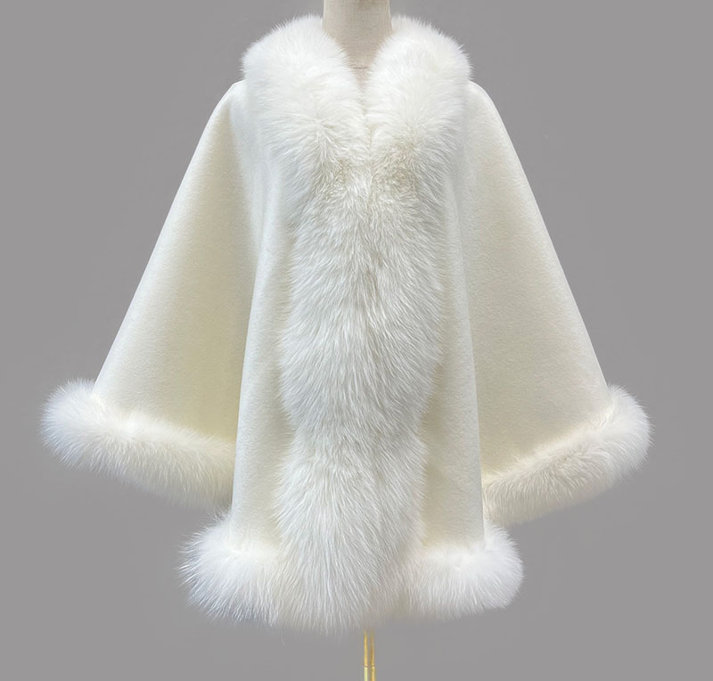 Women's Cashmere Wool Wrap Cape with Fox Fur Ivory White | MF2609_12