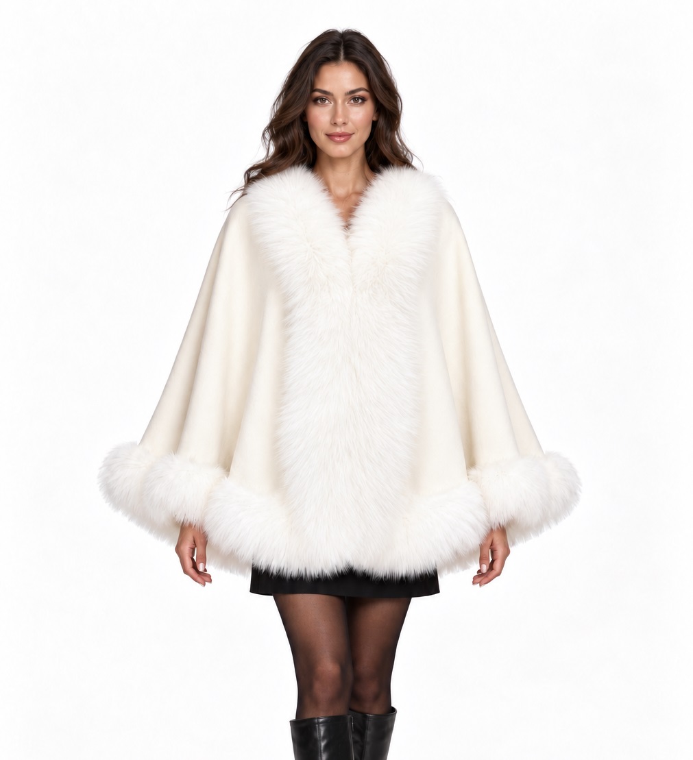 Women's Cashmere Wool Wrap Cape with Fox Fur Ivory White | MF2609_12