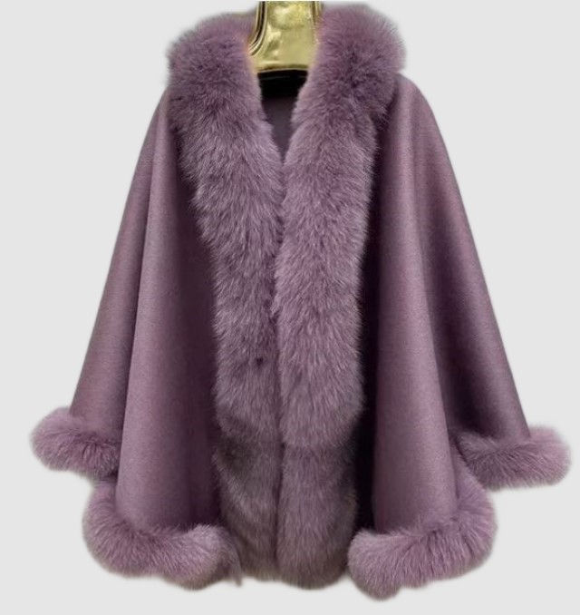 Women's Cashmere Wool Wrap Cape with Fox Fur Purple Mauve MF2609_4