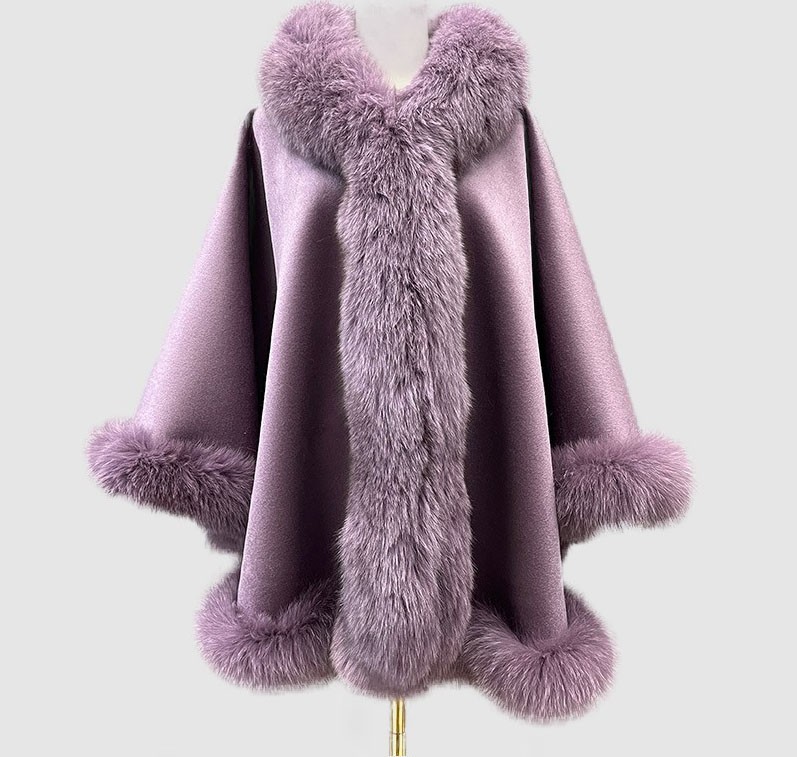 Women's Purple Mauve Violet Cashmere Wool Wrap Cape Fox Fur MF2609_4