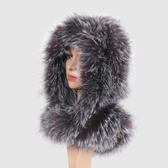 Knitted Indigo Fox Fur Hat Hood Scarf